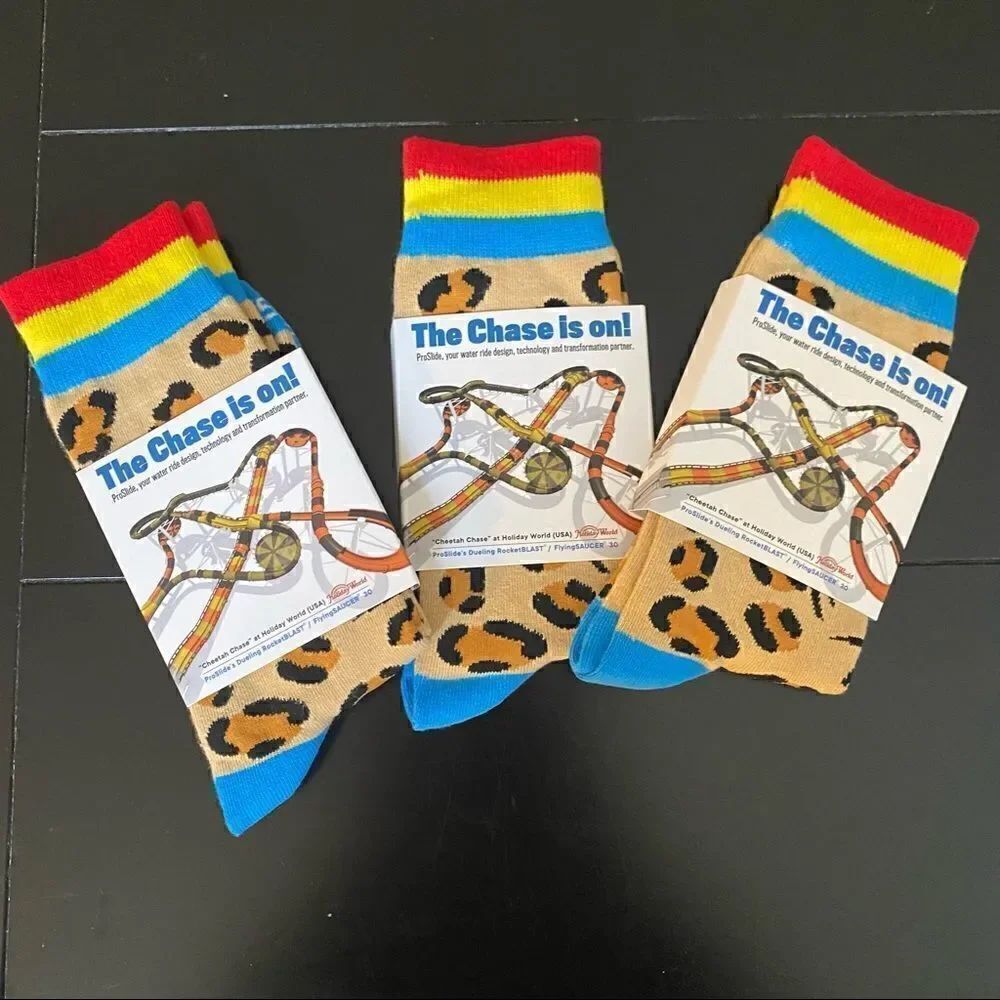 6 Pair Holiday World USA Cheetah Chase Socks Water Slide Unisex